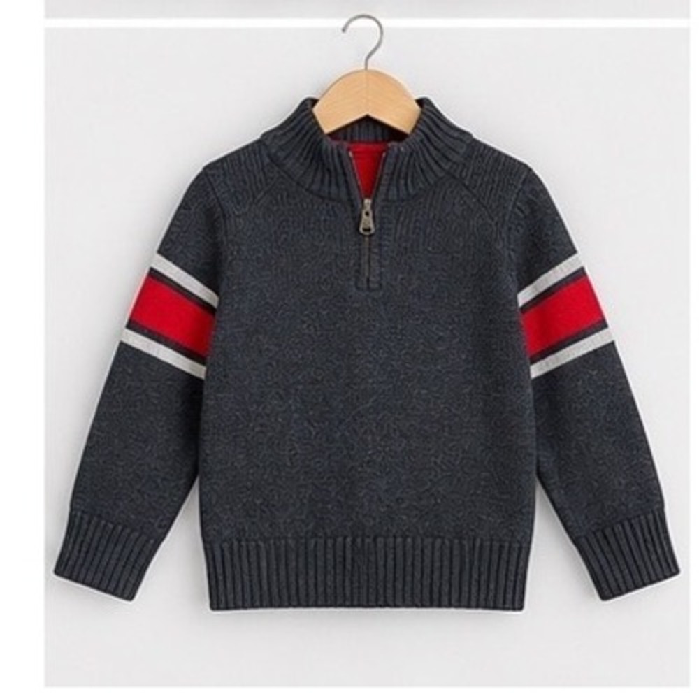 OshKosh B'gosh Toddler Boy 3T Gray Quarter Zip Cotton Sweater Red Stripe